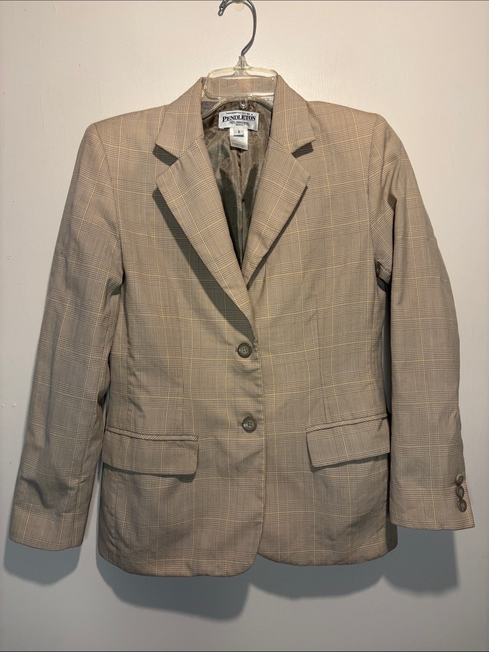 Pendleton 100% Virgin Wool Blazer Cream Light Yellow Plaid Pattern Pockets SZ 2P